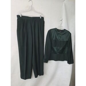 Debra Michaels Pant Suit Women 16 Green Satin Panel Peplum Jacket Pleated Pants
